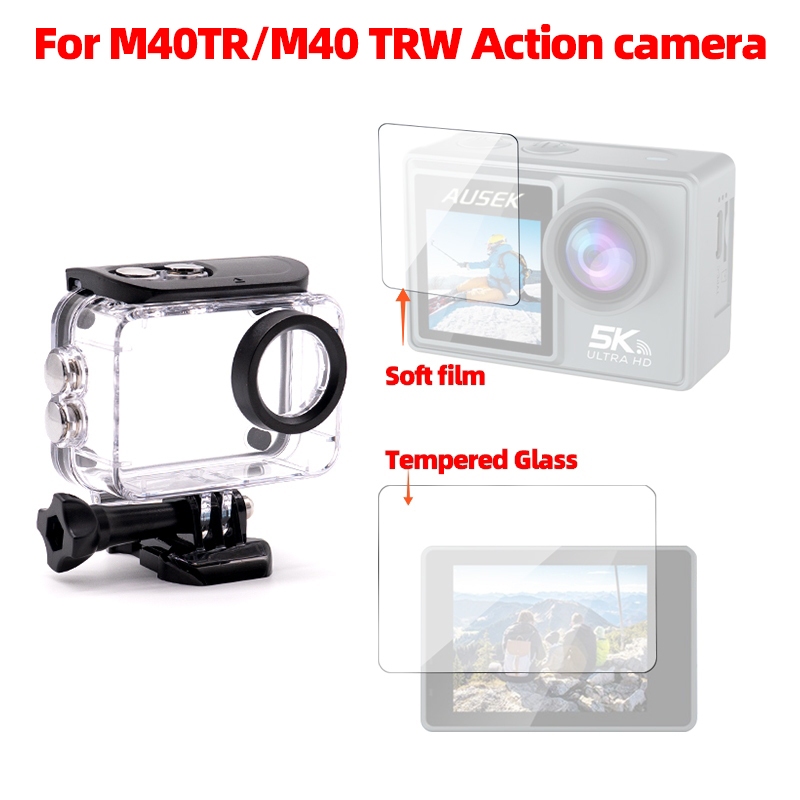 อุปกรณ์เสริมสําหรับ AUSEK M40TR, M40TRW Action Camera เคสกันน้ําฟิล์ม Protetive Housing กระจกนิรภัย 
