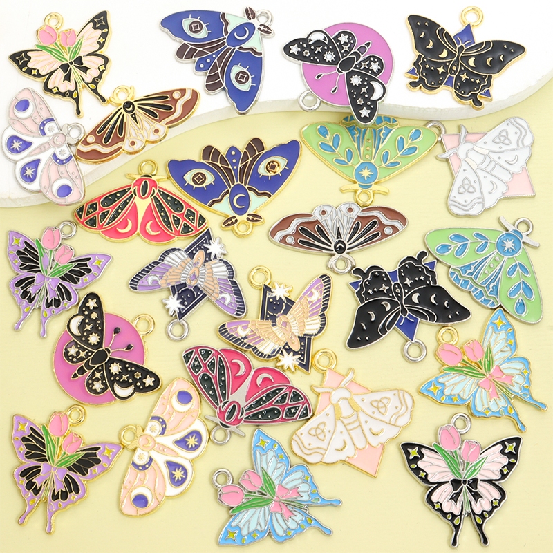 10pcs Vibrant สีและรูปแบบที่ละเอียดอ่อนผีเสื้อ Moth เคลือบ Charms,ยุโรปและอเมริกาแนวโน้มสร้อยคอต่างหูพวงกุญแจงานฝีมือสร้างสรรค์ DIY Butterfies Series จี้โลหะผสม