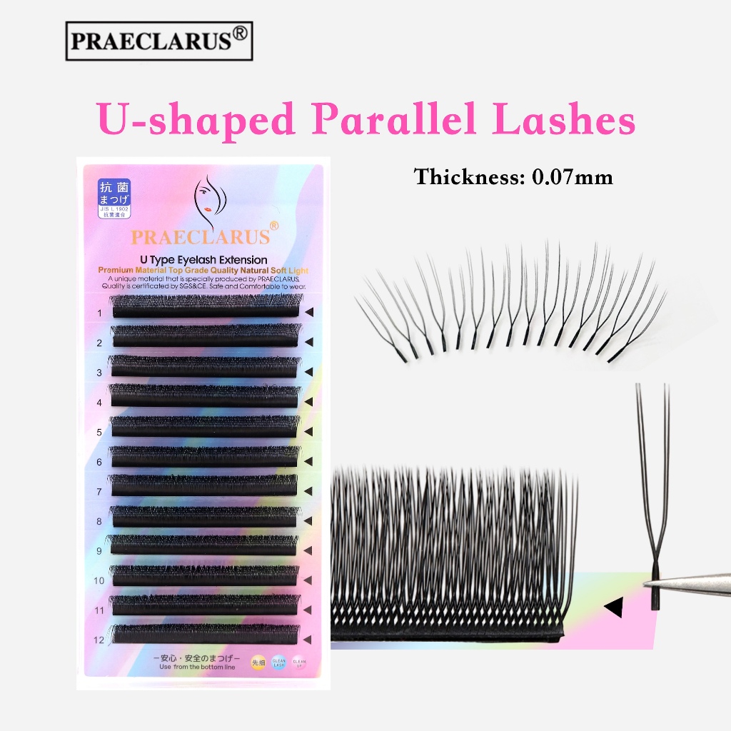 PRAECLARUS U ประเภท การต่อขนตาแบบขนาน ความหนา 0.07มม ขนมิงค์นุ่มเบาจากธรรมชาติ ผลิตจากวัสดุพรีเมี่ยมทำมือ  ต่อขนตาปลอมทรง U ปลายคู่แบบคู่ วัสดุพรีเมี่ยม ขนมิงค์ธรรมชาติ นุ่ม น้ำหนักเบา