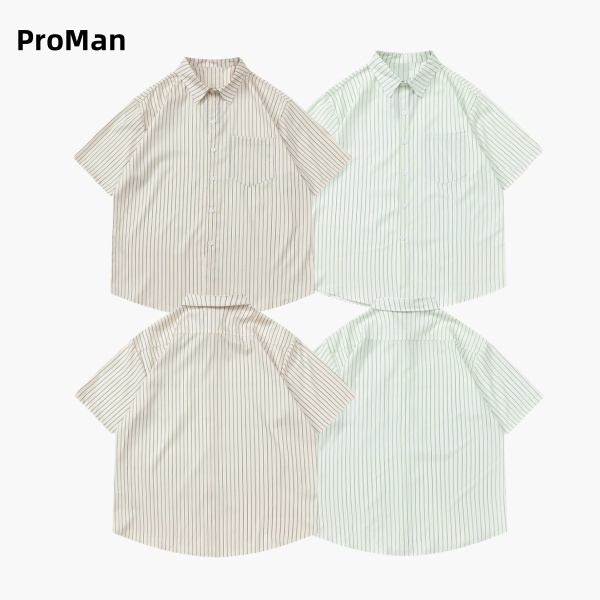 ⚡ProMan⚡เสื้อเชิ้ตลายทางย้อนยุคสไตล์ญี่ปุ่น  เรียบง่าย  เสื้อผ้าผู้ชายแฟชั่น  ปกพับ  ลำลอง  แมทช์ลุคง่าย