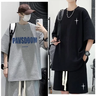#AegisMen#ชุดเซ็ทผู้ชาย (เสื้อ+กางเกงขาสั้น)- เยาวชน สำหรับลำลอง สไตล์ประจําวัน ญี่ปุ่น เนื้อผ้าอย่างดี ผลิตอย่างดี สีเทา สีดำ M-L-XL-2XL-3XL