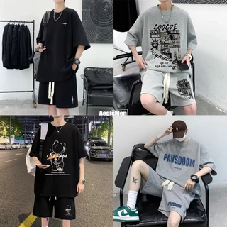 #AegisMen#ชุดเซ็ทผู้ชาย (เสื้อ+กางเกงขาสั้น)- เยาวชน สำหรับลำลอง สไตล์ประจําวัน ญี่ปุ่น เนื้อผ้าอย่างดี ผลิตอย่างดี สีเทา สีดำ M-L-XL-2XL-3XL