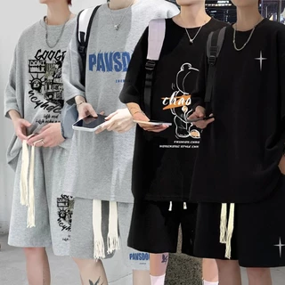 #AegisMen#ชุดเซ็ทผู้ชาย (เสื้อ+กางเกงขาสั้น)- เยาวชน สำหรับลำลอง สไตล์ประจําวัน ญี่ปุ่น เนื้อผ้าอย่างดี ผลิตอย่างดี สีเทา สีดำ M-L-XL-2XL-3XL