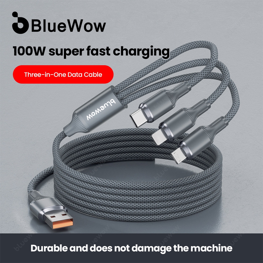 BlueWow สายชาร์จเร็ว 3 in 1 USB คุณภาพไนลอนถักอลูมิเนียม Fast สายชาร์จข้อมูลสําหรับ Micro/iP/Type-C