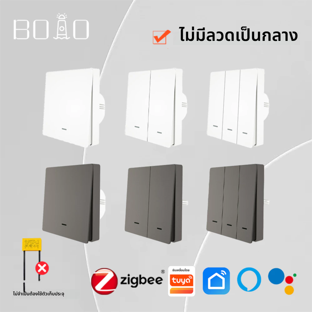 สวิตช์ผนังอัจฉริยะ Tuya ZigBee ควบคุมแบบไร้สาย ไม่ต้องต่อสายนิวตรัล ไม่ต้องติดตั้งตัวเก็บประจุเสริม เชื่อมต่อแอป Smart Life/TUYA ใช้งานกับ Google Home และ MQTT ได้​