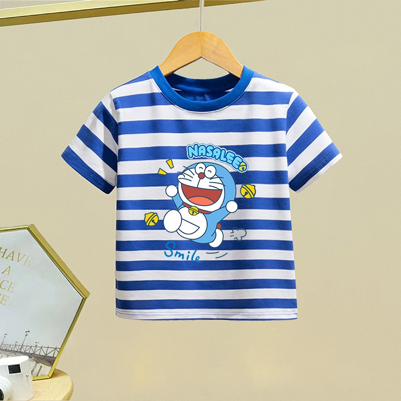 เสื้อยืดเด็กแขนสั้น ลายโดราเอมอน ผ้าฝ้ายแฟชั่นหน้าร้อน ลายการ์ตูนสำหรับเด็กผู้ชายและเด็กผู้หญิง
