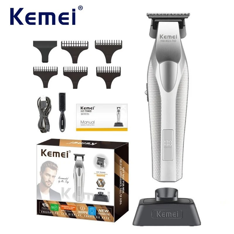 Kemei Zero Gapped Professional Hair Trimmer 9000RPM DLC ปัตตาเลี่ยนไร้สายตัดผมแบบชาร์จไฟได้เสร็จสิ้นเครื่องตัดผม