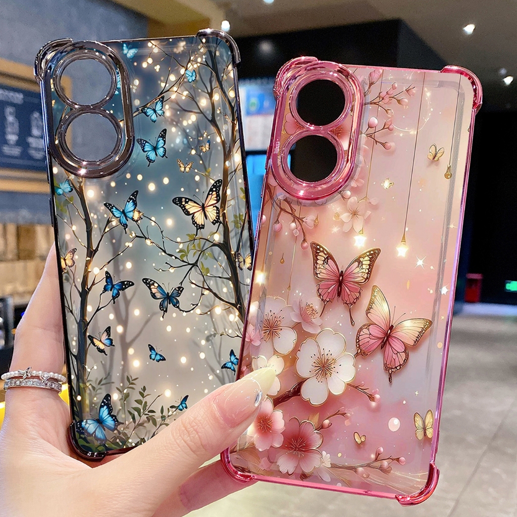 สําหรับ OPPO A3X A2 A5 Pro A60 A18 A38 A57 A77 4G A78 A58 5G ดอกไม้ผีเสื้อใสชุบกรณี Anti Drop ฝาครอบ