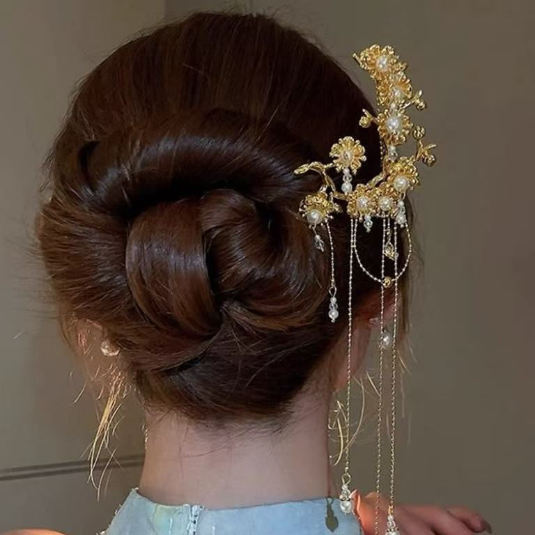 ใหม่สไตล์จีน Golden Pearl Plum Blossom พู่ U-Shaped Hairpin โบราณ Cheongsam Hanfu Headdress
