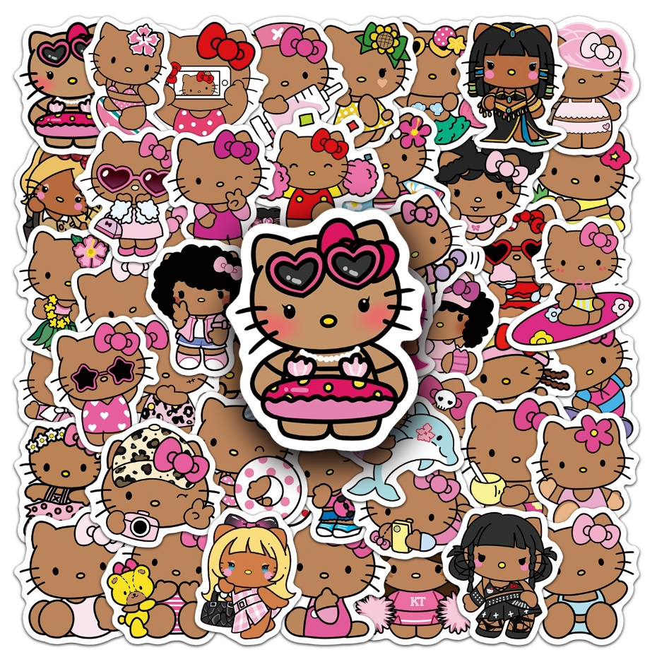 ตลก 50 ชิ้นฮาวายธีมสีดํา Hello Kitty สติกเกอร์สําหรับเคสโทรศัพท์ Tumbler สติกเกอร์รถ Graffiti กันน้ํา Creative DIY