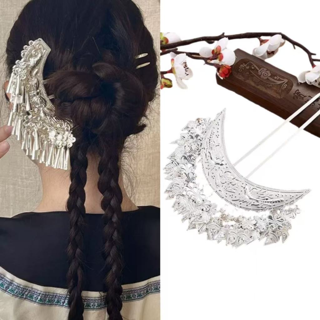 ใหม่สไตล์จีนเงิน Phoenix ดอกไม้พู่ U-Shaped Hairpin สไตล์ชาติพันธุ์ High-End Crescent