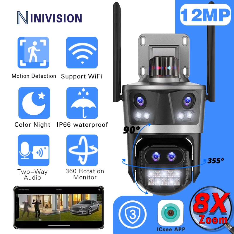 ICSee กล้องวงจรปิดอัจฉริยะ WIFI กล้องเฝ้าระวังกลางแจ้งสี่เลนส์ 8K กล้องวงจรปิดไร้สาย 8X ซูมกล้องรักษ