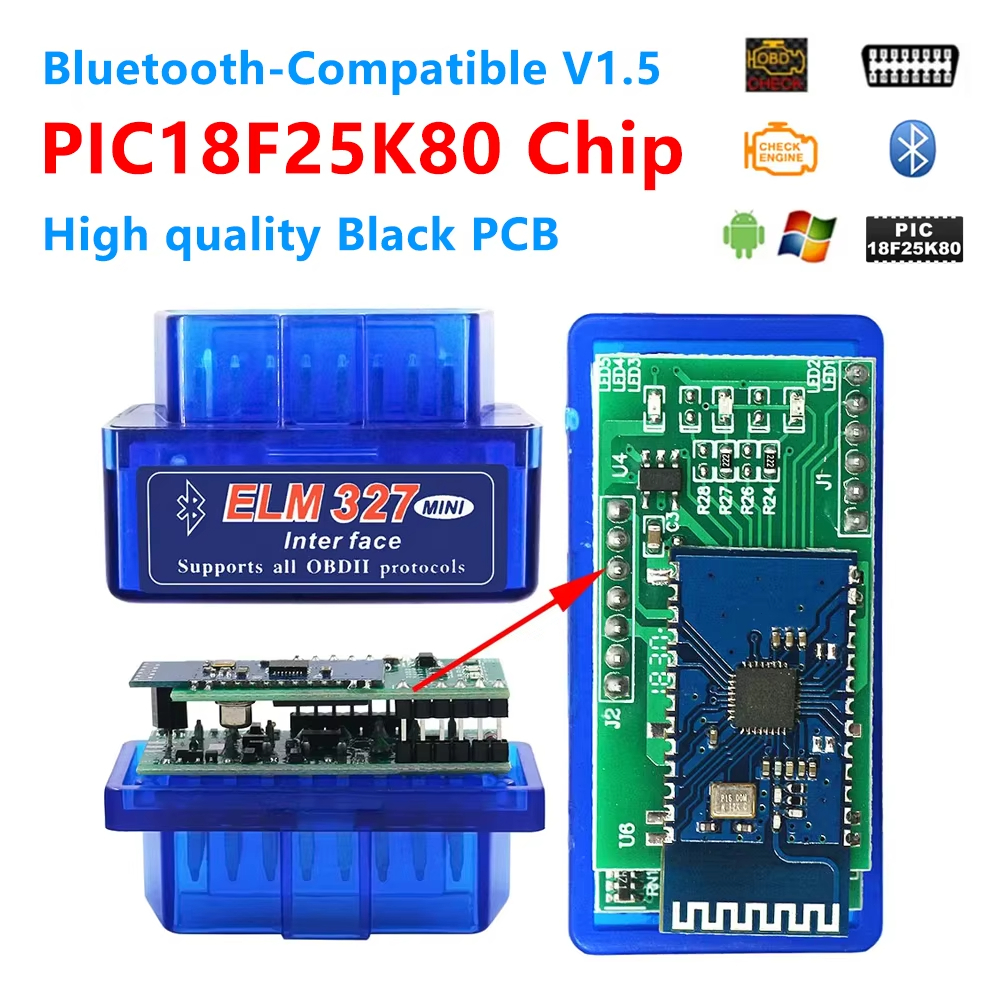 ล่าสุด elm327 Dual Board PIC25K80 ชิป 3000 + Universal Code Reader OBD2 elm327 V1.5 mini Bluetooth 5