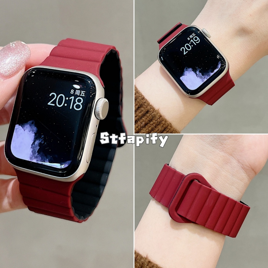 ใหม่คู่สีแม่เหล็กสายรัดซิลิโคนสําหรับ apple watch series 10/9/8/7/6/5/4/3/2/1 SE2 ULTRA2 กีฬา breathable เปลี่ยนสร้อยข้อมือสําหรับ iwatch 49 มม.46 45 44 42 41 40 38