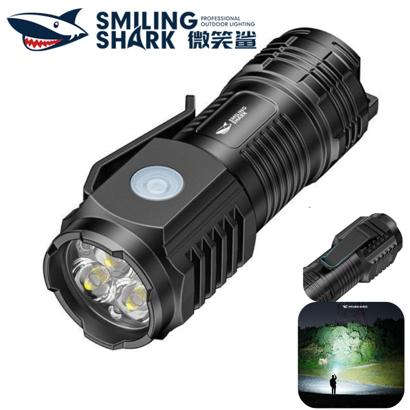 SMILING SHARK SD5394 ไฟฉายขนาดเล็ก 3 * LED พร้อมคลิป 3 โหมด Type-C กันน้ำสำหรับกลางแจ้ง Camping