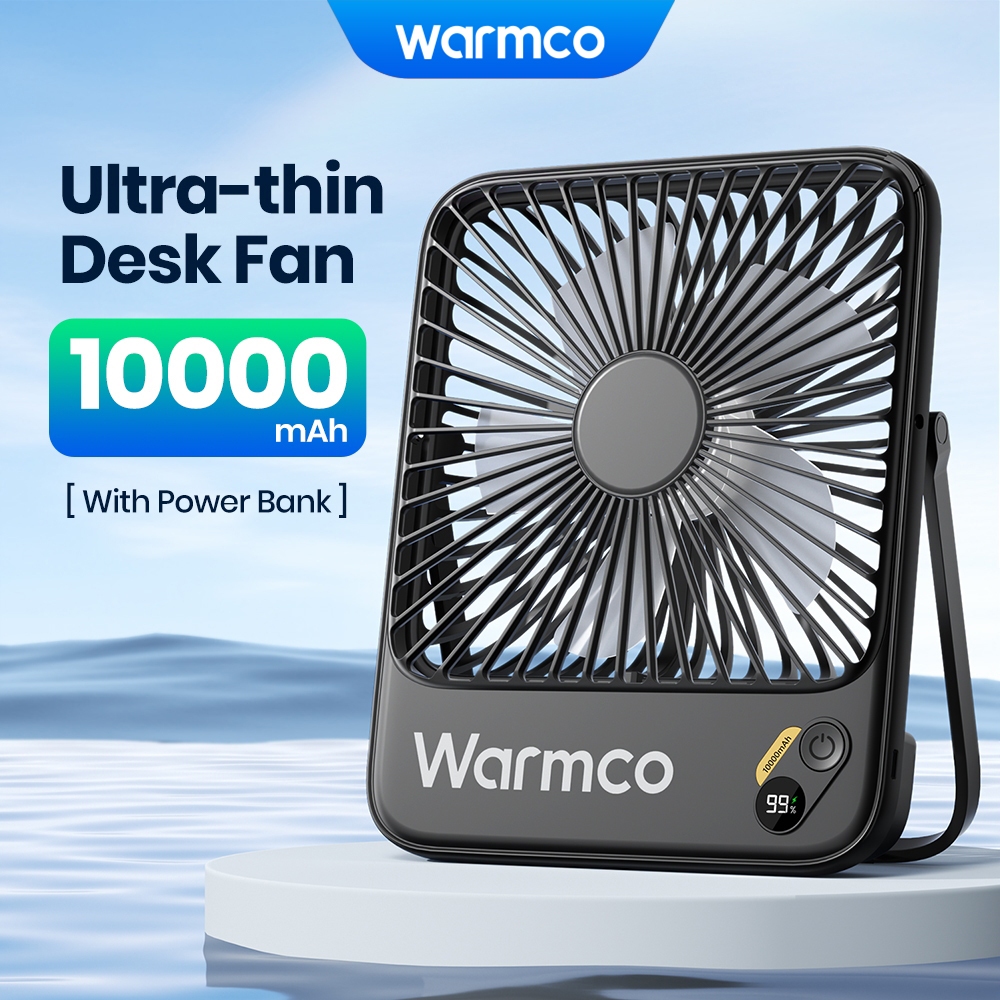 Warmco 10000mAh พัดลมตั้งโต๊ะแบบพกพา 7 นิ้วบางเฉียบ 4 ความเร็วลมแรงโต๊ะชาร์จพัดลมไฟฟ้าพร้อม Powerbank เหมาะสําหรับหอพักสํานักงาน Camping
