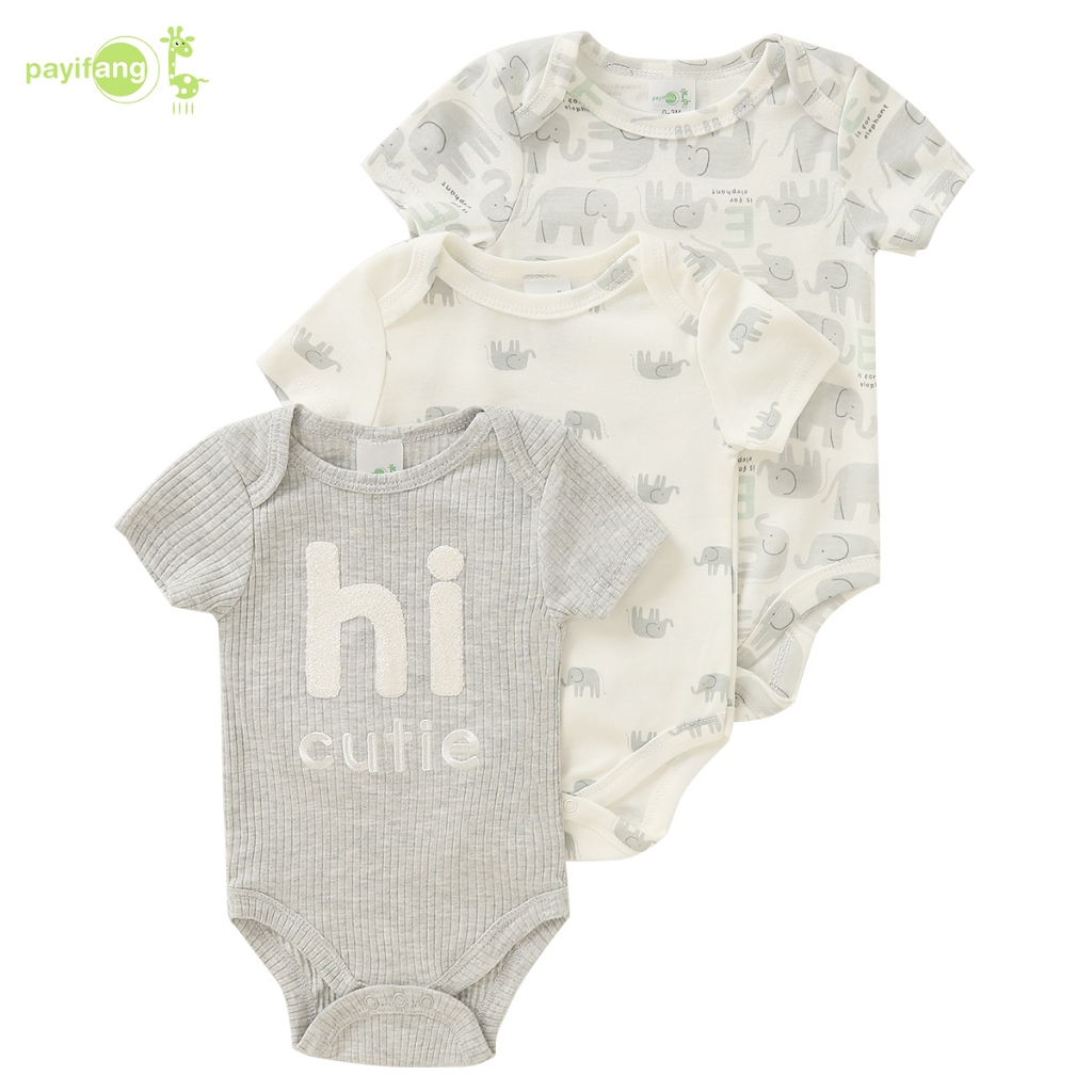 PAYI Baby-3 PIECES ช้างพิมพ์แขนสั้น Ribbed ผ้าฝ้ายชุดบอดี้สูทเด็กทารก Onesies ทารกแรกเกิด Romper