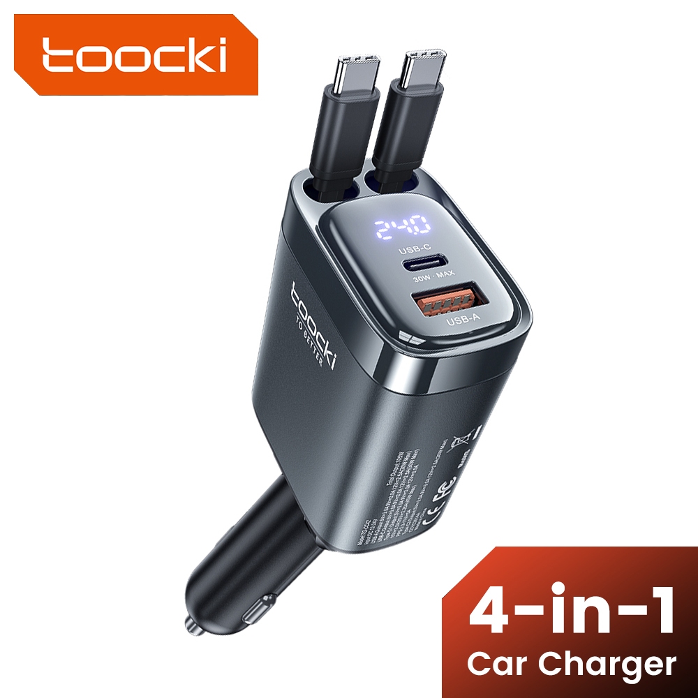Toocki 105W Dual Retractable Cable 4 In 1 Digital Display Car Charger 180° อะแดปเตอร์ในรถยนต์การชาร์จความเร็วสูง PD 45W/30W หมุนได้พร้อมสายชาร์จเร็ว Type C
