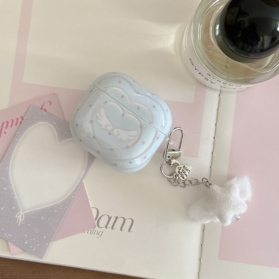 IMD สีฟ้าโปร่งใส Love Heart Wings พร้อมพวงกุญแจหูฟังสําหรับ AirPods 1 2 3 4 Pro หูฟังไร้สายบลูทูธสําหรับ AirPods Pro2 กันกระแทกป้องกันปลอก