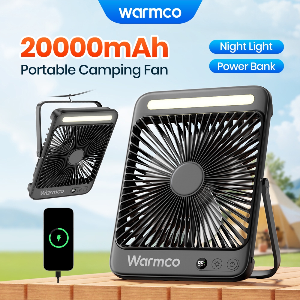 Warmco 20000mAh พัดลมตั้งโต๊ะ 8 นิ้วแบบชาร์จไฟได้ Powerbank พัดลมตั้งโต๊ะแบบพกพาพร้อมไฟ LED จอแสดงผลดิจิตอลเงียบบางพัดลมส่วนบุคคลสําหรับสํานักงานหอพักห้องนอนกลางแจ้ง