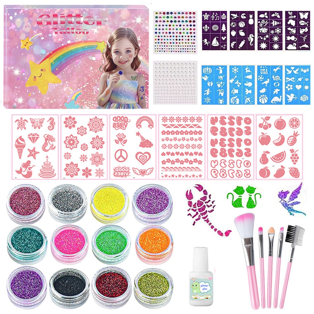 ชั่วคราว Glitter Tattoo ลายฉลุ สีผู้ใหญ่และเด็ก Arts Make Up ชุดของขวัญสำหรับงานวันเกิด Party Christmas Festival