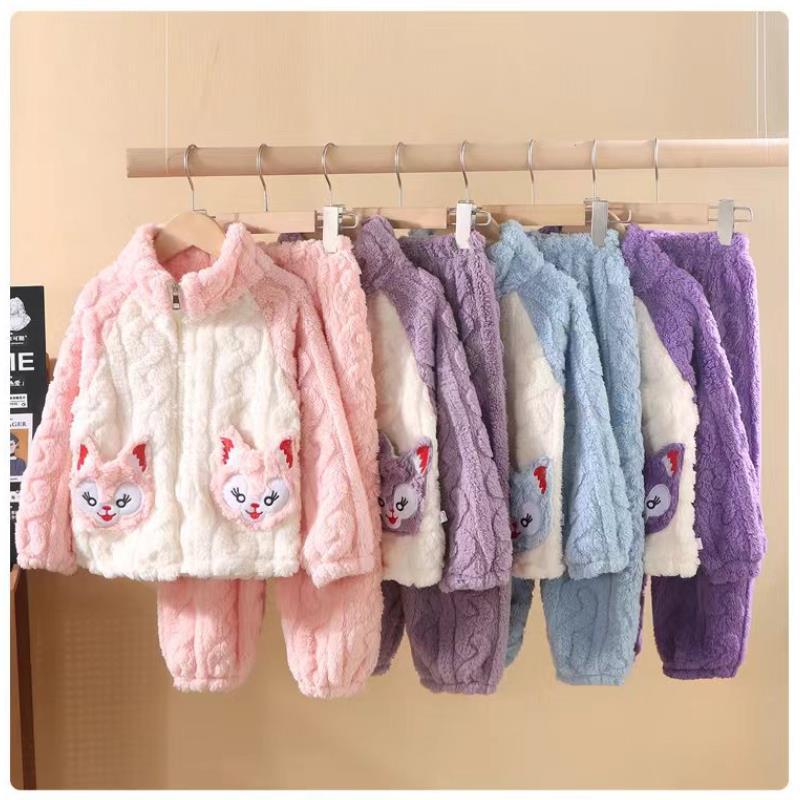 เด็กฤดูใบไม้ร่วง/ฤดูหนาวสักหลาดชุดนอนชุดการ์ตูนกํามะหยี่คลุมด้วยผ้าอบอุ่นบ้านเสื้อผ้าเด็กหญิงสองชิ้นชุด 0-10ย