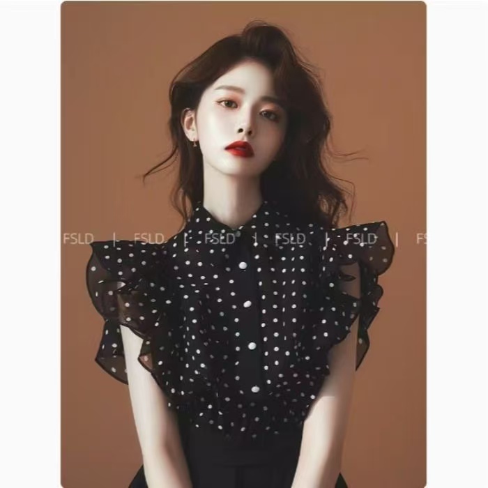 สไตล์เกาหลีผู้หญิงสุภาพสตรีหลวมชีฟอง Polka Dot Ruffle เสื้อแขนสั้นเสื้อ Baju Baju Wanita Lengan Panjang ใหม่