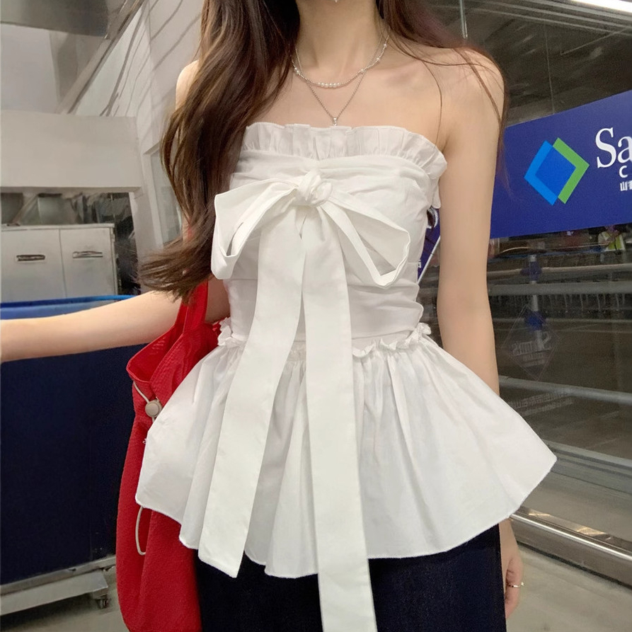 เสื้อ_peplum_แขนกุดปิดไหล่_พร้อมโบว์ใหญ่และ_ruffles_cinching_สไตล์เกาหลี