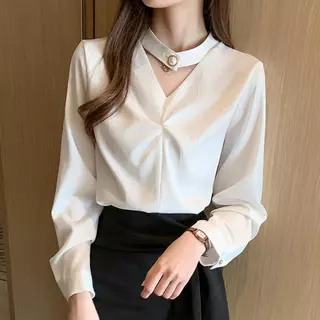 เสื้อเบลาส์สําหรับผู้หญิงแขนยาวหลวมด้านบนแมทช์ลุคง่ายและมีสไตล์