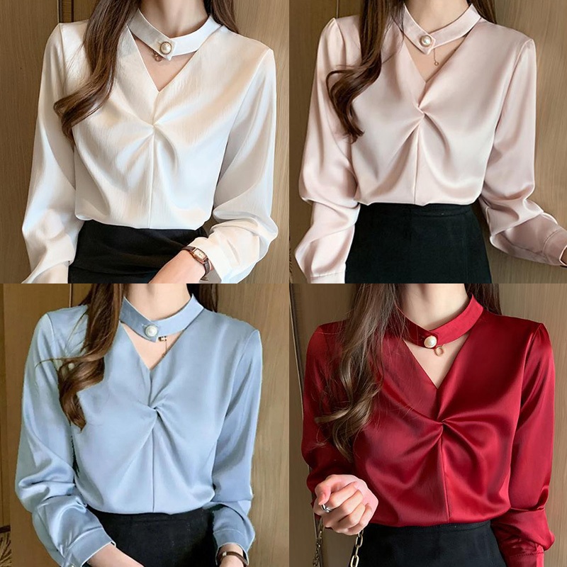 เสื้อเบลาส์สําหรับผู้หญิงแขนยาวหลวมด้านบนแมทช์ลุคง่ายและมีสไตล์
