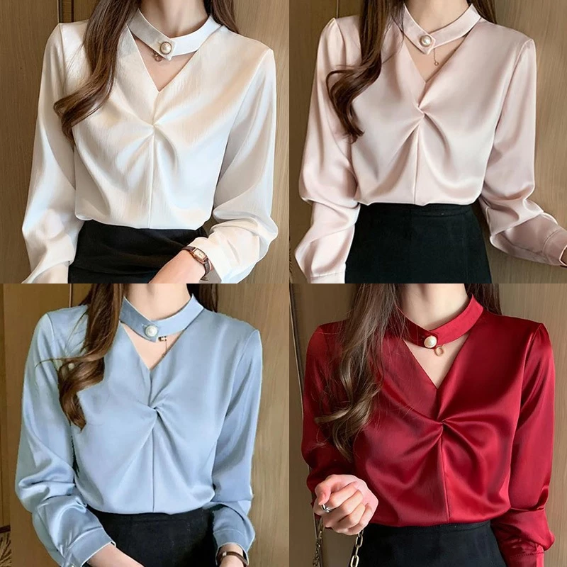 เสื้อเบลาส์สําหรับผู้หญิงแขนยาวหลวมด้านบนแมทช์ลุคง่ายและมีสไตล์