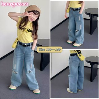 honeywears⚡️พร้อมส่ง⚡️กางเกงยีนส์เด็กผู้หญิง กางเกงขากว้างทร…