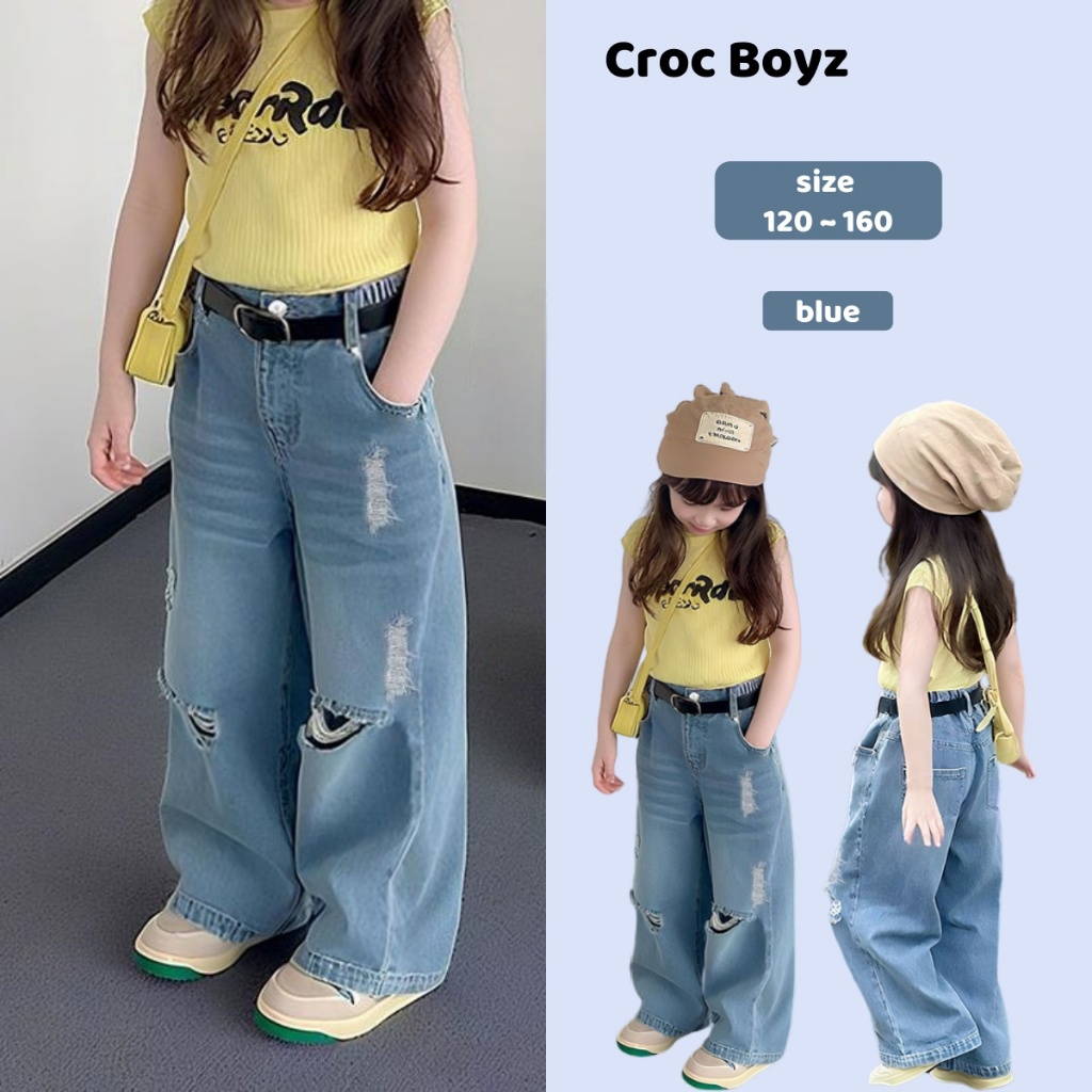 Croc Boyz พร้อมส่ง กางเกงยีนส์เด็กผู้หญิง กางเกงขากว้างทรงหลวมสำหรับเด็ก แบบขาดเท่ห์สุด ผ้าดี ไซส์ 120-160