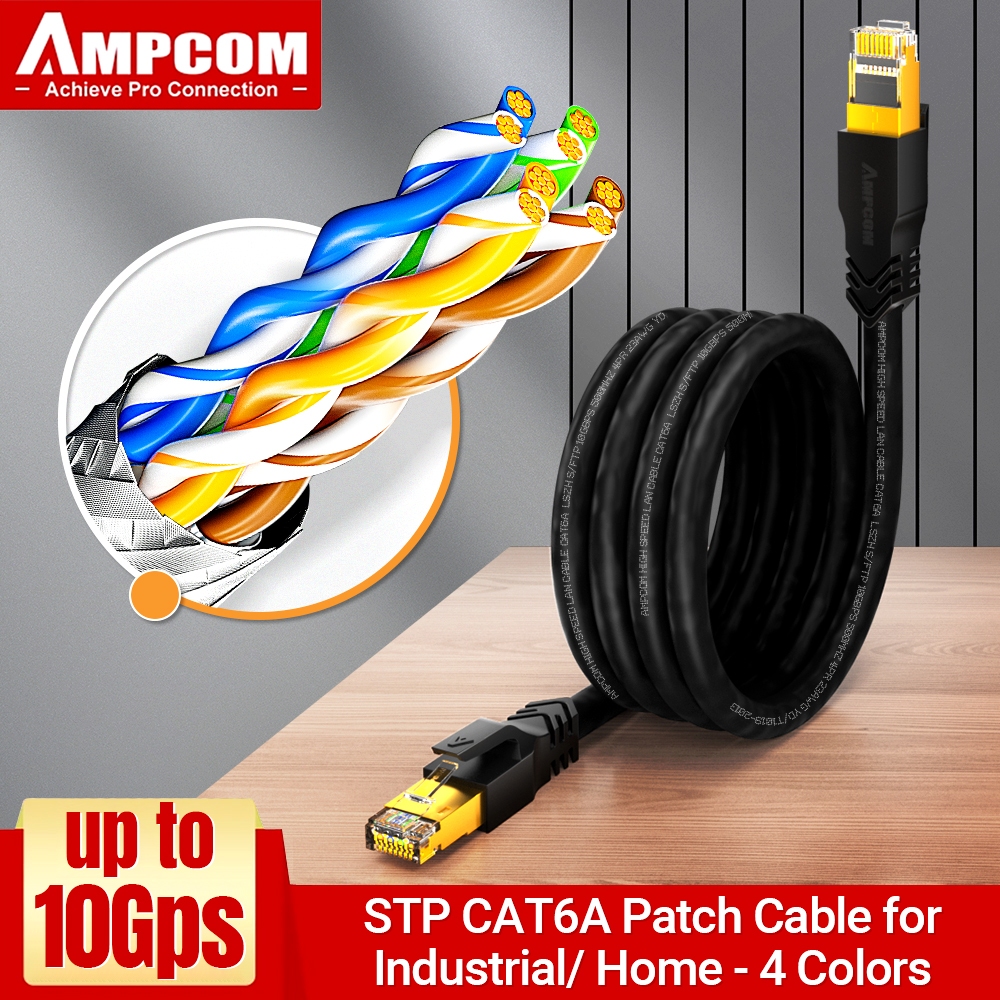 AMPCOM CAT6A STP Network Cable for Ultra-Fast Network Performance - สายเราเตอร์ 10G 500MHz ความเร็วสูง, ทองแดงไร้ออกซิเจนไม่ชิลด์, เทา/ดํา/น้ําเงิน/แดง
