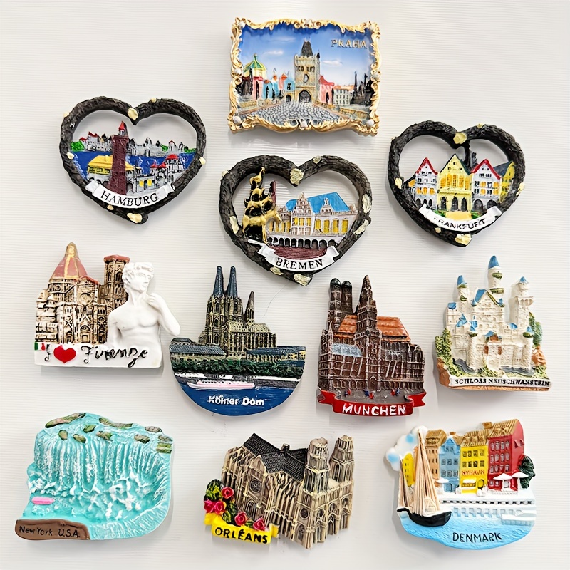 แม่เหล็กติดตู้เย็นศิลปะเรซิน 3d ทําด้วยมือ, Frankfurt Bremen Prague Square Niagara Falls Swan Stone Castle เดนมาร์ก Notre-Dame Cathedral ของขวัญการเดินทางที่สมบูรณ์แบบ ตกแต่งห้องที่สมบูรณ์แบบ