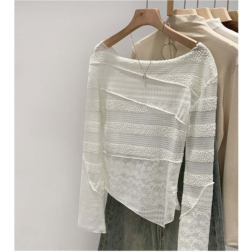 เสื้อลูกไม้โครเชต์แขนยาวแบบสายเดี่ยว สไตล์เบาสบาย