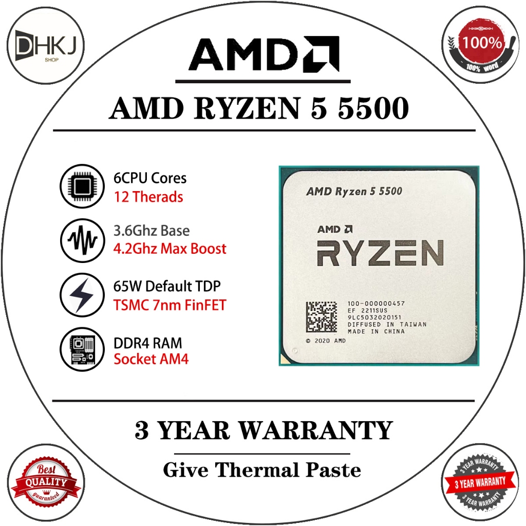 ใช้ AMD Ryzen 5 5500 CPU R5 5500 โปรเซสเซอร์สําหรับเล่นเกม 6-Core 12 ด้าย 3.6GHz 7NM เกมแคชซ็อกเก็ต 