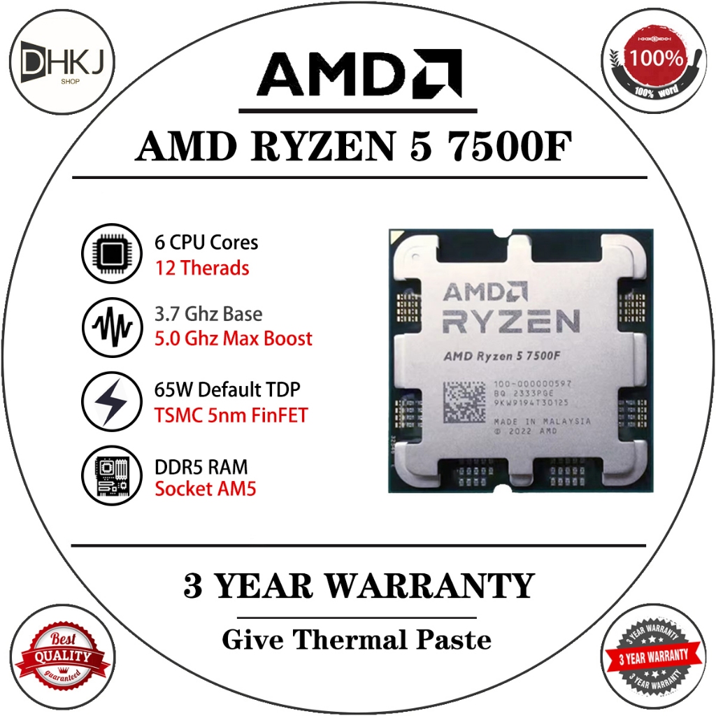 ใช้ AMD Ryzen 5 7500F R5 7500F CPU 5GHz 6-Core 12 ด้าย 38MB แคช 5NM TDP 65W ซ็อกเก็ต AM5