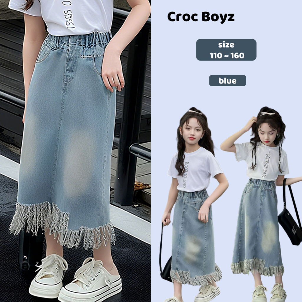 Croc Boyz พร้อมส่ง กระโปรงเด็กผู้หญิงฤดูร้อน กระโปรงยีนส์ทรงเอ ขอบพู่แฟชั่น สีสนิม งานดี ไซส์ 110-160