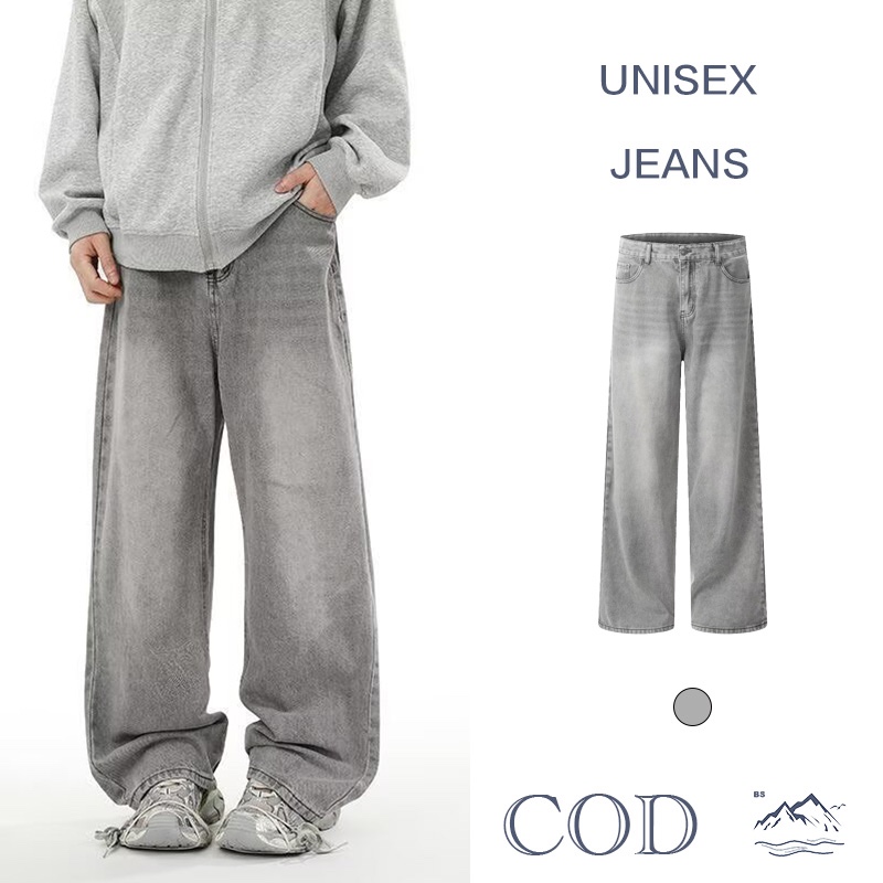 BS |jeans กางเกงยีนส์ชายสีเทาอ่อน ออกแบบลายย้อนยุค สไตล์สูงในเทรนด์ ทรงหลวมสวมใส่ง่าย กางเกงยีนส์ทรงหลวมย้อนยุคผู้ชาย