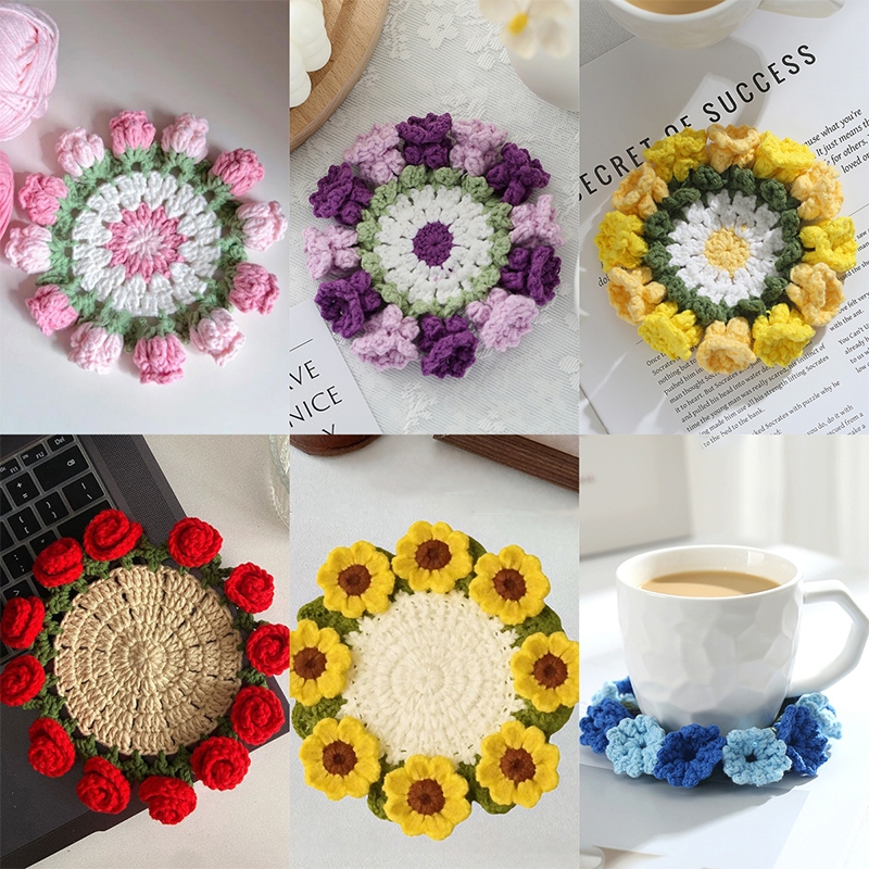 Creative Handmade โครเชต์ Coaster ขนสัตว์ถัก Bells Orchids Rose Bouquet Sunflower สําเร็จรูปดอกไม้ที่วางแก้วโต๊ะกาแฟตกแต่งรถสาววันเกิด Xmas ปีใหม่ของขวัญวา