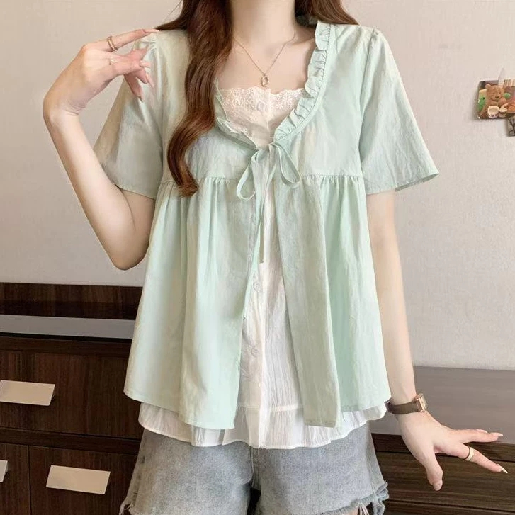 เสื้อเบลาส์เสื้อลูกไม้แขนสั้นทรงหลวมแฟชั่นสตรีเกาหลี