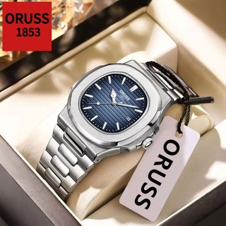 [Gift][With Box]ORUSS Original Brand Men Luxury Waterproof Stainless Steel Luminous Calendar Silver Watch Analog Fashion Korean Automatic Quartz Wrist Watch For Men