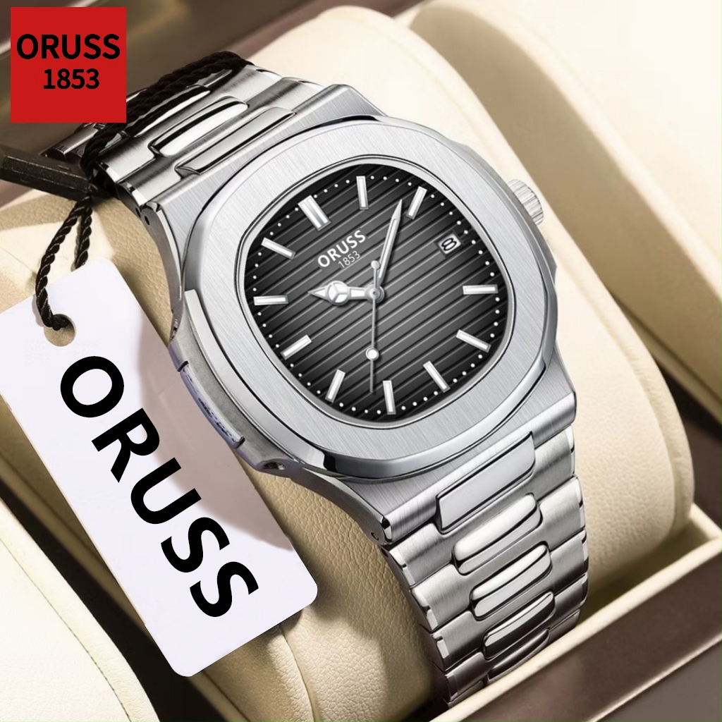 ORUSS รัส ต้นฉบับชายแบรนด์หรูสแตนเลสกันน้ําส่องสว่างปฏิทินนาฬิกาแฟชั่นเกาหลีรุ่นควอตซ์นาฬิกาข้อมือ