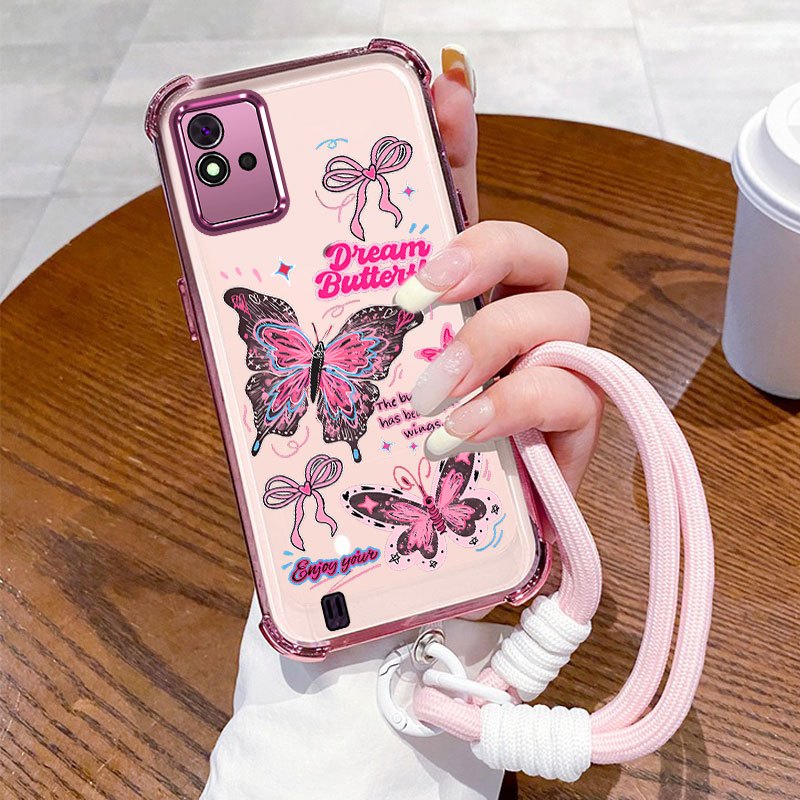 เคสสําหรับRealme C11 2021 C20 C11 2020 นําเข้าวัสดุป้องกันการตกนิ่มลายผีเสื้อเชือกมือฟังก์ชั่นโทรศัพ