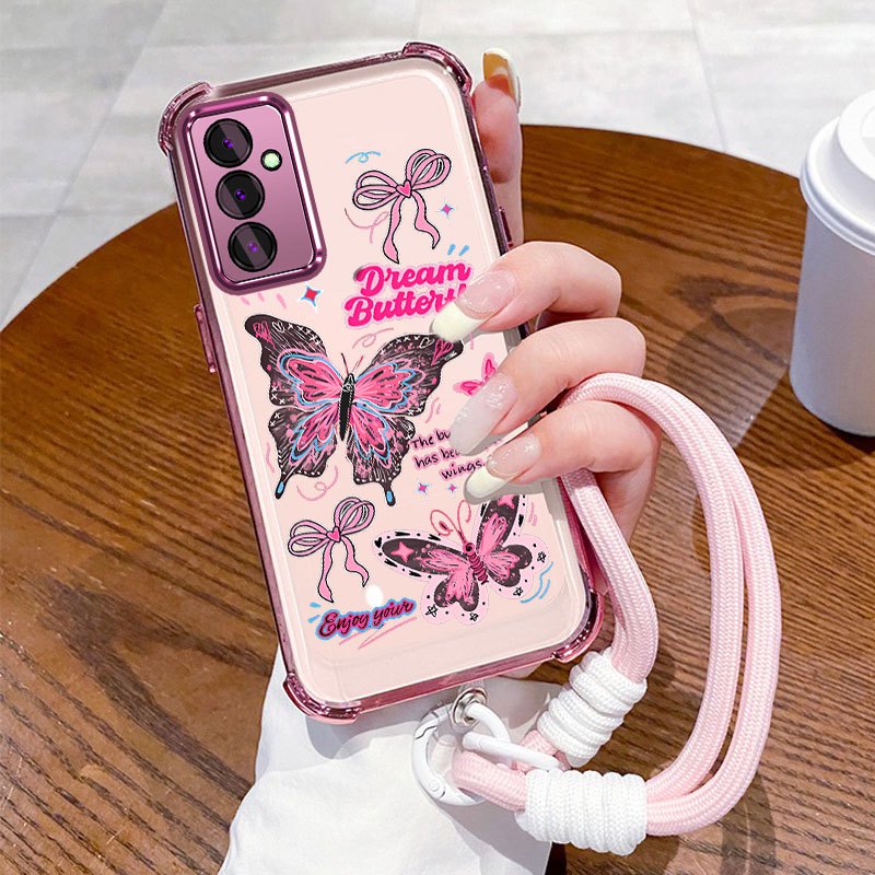 SAMSUNG สําหรับSamsung A14 5G A14 4Gนําเข้าวัสดุป้องกันการตกนิ่มลายผีเสื้อเชือกมือฟังก์ชั่นโทรศัพท์ม