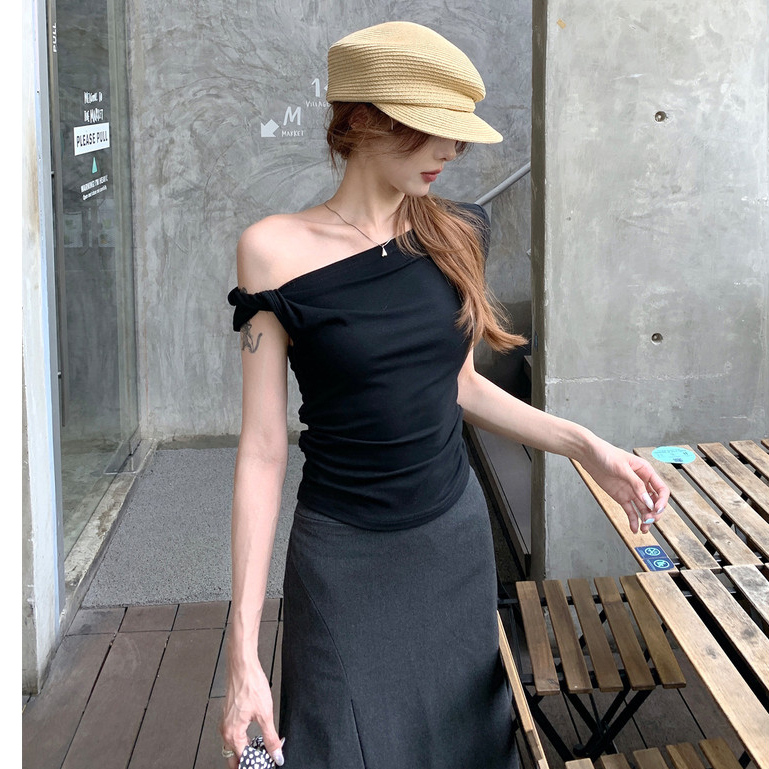 【WJZ】เสื้อยืดเกาะอกแขนสั้นไม่สม่ําเสมอเซ็กซี่ของผู้หญิงฤดูร้อนเกาหลี【P48 】