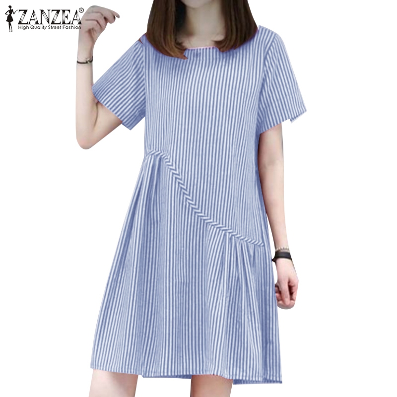 Zanzea ชุดเดรสแขนสั ้ นพิมพ ์ ลายคอกลมลําลองผู ้ หญิงเกาหลี
