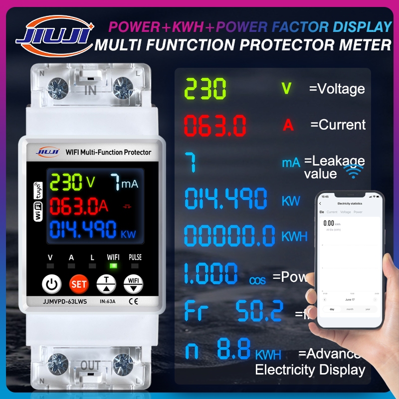 WiFi Smart Power Meter 63AAutomatic Reclosing Protector Digital KWH กระแสไฟรั่วเครื่องวัดแรงดันไฟฟ้า
