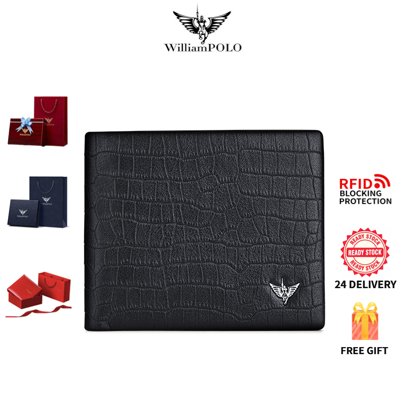 กระเป๋าสตางค์ผู้ชาย WilliamPOLO หนังแท้ กันสแกนข้อมูล ลายหนังจระเข้ แบบสั้น หรู ส่งฟรี Genuine Leather Men’s Short Wallet RFID Blocking, Premium Crocodile Pattern Slim Wallet for Men – Gift Box
